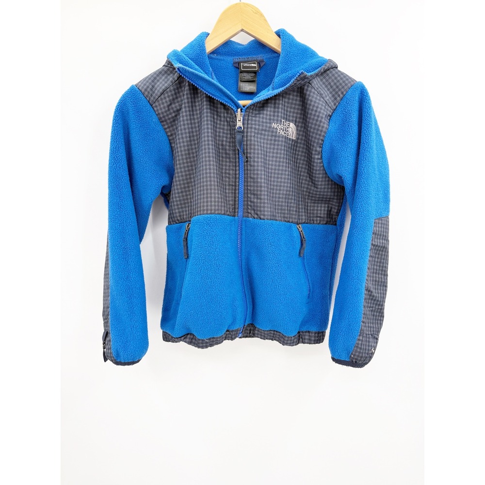 The North Face Boys Blue Grey Grid Denali Hooded Fleece Jacket Size S 7/8